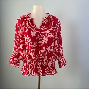 Ann Taylor Crimson and Ivory Patterned Blouse
